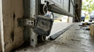 Dirty misaligned garage door photo eye sensor on track in Franklin TN garage