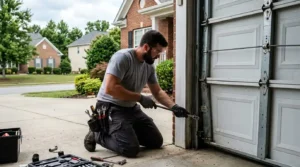 Repair technician fixing off track garage door panel in Murfreesboro TN driveway